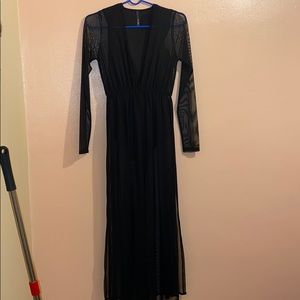 Black Plunging Mesh Maxi Dress w/ High Side Slits